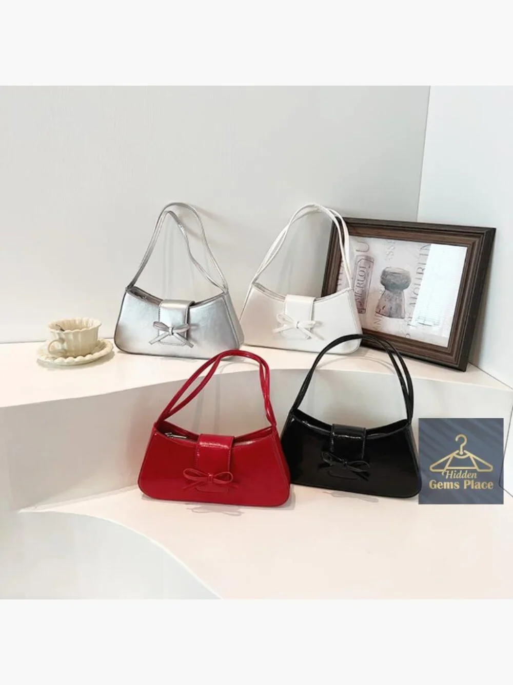 Patent Leather Hobo Shoulder Bag Y2K Bow Purse Clutch Crossbody